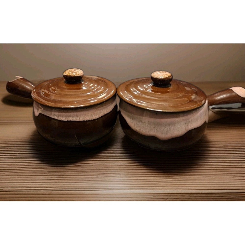 Vintage Pink Drip Brown Glaze French Onion Soup Crocks with Lids | Set of 2